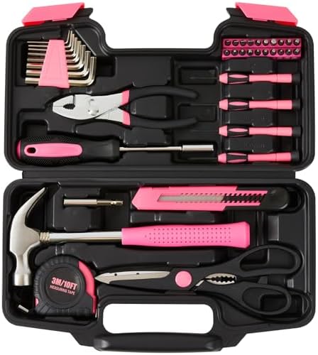 39 Piece Tool Set General Household Hand Kit With Storage Case Basics Tools for Home, Garage, Office and College Dormitory Use (Pink) LNSY