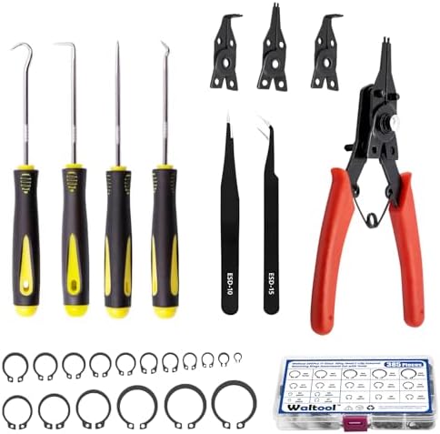 395Pcs 17 Sizes Alloy Steel C-Clip External Retaining Rings Assortment Set with 4 in 1 Snap Ring Pliers and Precision Hooks for Grooved Shafts Pins Studs Waltool