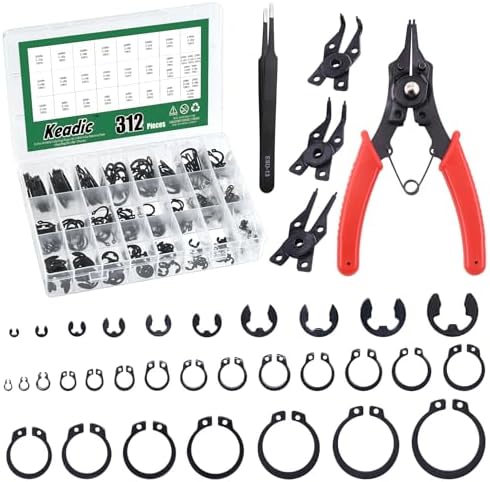 Keadic 312Pcs [M4-M28] C-Clip External Retaining Rings Snap Rings Assortment Kit & [1.5mm-10mm] E-Clip Circlip Ring Assortment Set & Pcs Snap Ring Plier with Tweezers (Alloy Steel) Keadic