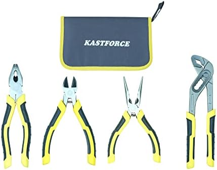 KF4024 Pliers Kit Includes 8-inch Linemans Pliers, 6-inch Diagonal Cutting Pliers, 6-inch Long Nose Pliers, 8-inch Groove Joint Pliers, Hardware Bag Kastforce