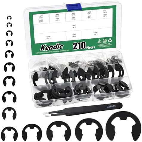 Keadic 211Pcs 14 Sizes 304 Stainless Steel E-Clip Assortment Set, M1.5/M2/M3/M4/M5/M6/M7/M8/M9/M10/M12/M15/M19/M22 Circlip External Retaining Ring Kit Keadic