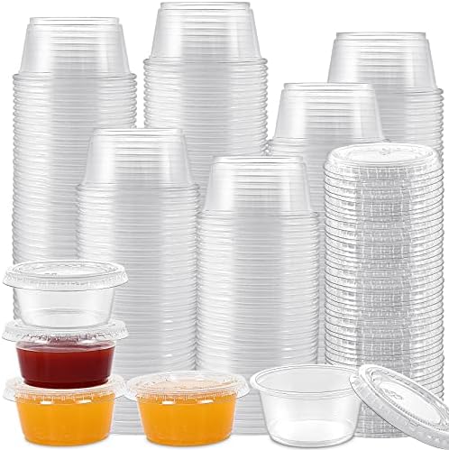 [300 Sets - 2 oz Jello Shot Cups,Small Portion Cups with Lids,Airtight and Stackable Disposable Condiment Cups,Clear Plastic Containers with Lids for Salad Dressing Dipping Sauce Condiment Loppdece