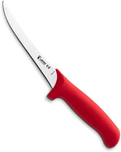 Jero Pro4 Series 6 Inch Curved Stiff Boning Knife - Professional Boning Knife - Sandvik High-Carbon Stainless Steel Blade - Ergogrip Super-Polymer Handle - Made In Portugal- Red Handle Jero