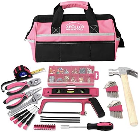 Apollo Tools 201 Piece Home Tool Set, Pink Tool Set Includes Hacksaw, Picture Hanging Assortment, and Selection of Most Needed Tools in Sturdy Tool Bag - Pink Ribbon - DT0020P Apollo