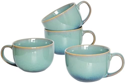 Bosmarlin Ceramic Jumbo Coffee Mug Set of 4, 23 Oz, Large Mug Soup Bowls with Handles, Dishwasher and Microwave Safe (Pale Green) Bosmarlin