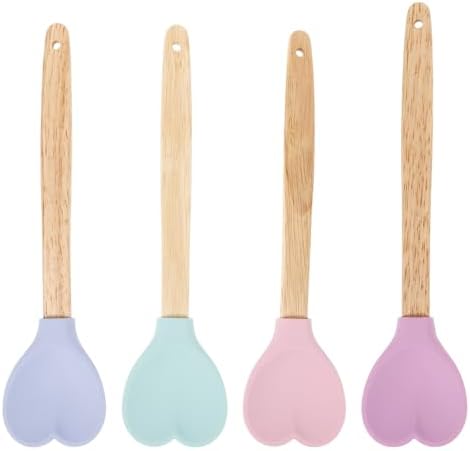 HEMOTON Heart Shaped Silicone Spatula: 4pcs Baking Spatula Silicone Cooking Spoons Kitchen Utensil Spoon with Wooden Handle for Mixing Cooking Baking Stirring Hemoton