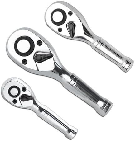 3 Piece Extendable Ratchet Set 1/4 3/8 1/2 Inch Drive Retractable Socket Wrench, 72 Tooth Reversible Ratcheting Feature Quick Release Locking Ratchets, CR-V, Soft Grip Handle Hand Tools Leontool