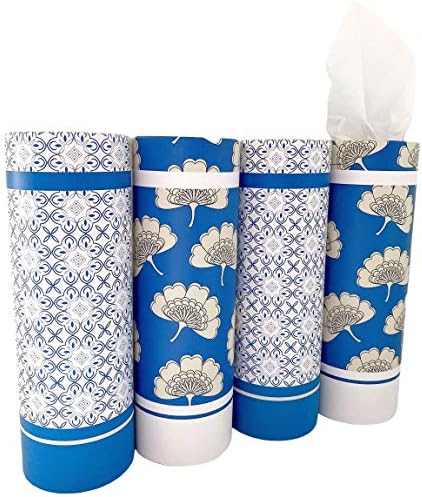 Car Tissues Holder with Facial Tissues - 4 PK - Travel Tissue Tubes Box Container Perfect Fit for Car Cup Holder Car Tissues Cylinder (Blue) Winoo Design