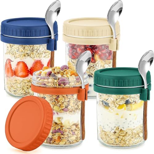 4 Pack Overnight Oats Containers with Lids and Spoons 16 Oz Glass Mason Jars for Overnight Oats Jars Leak Proof Oatmeal Container Great for Cereal Fruit Vegetable Milk Salad Yogurt Meal Prep Generic