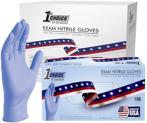 1st Choice 3 mil Nitrile Gloves, Made in the USA, Nitrile Disposable Gloves, Indigo, Medium Box of 100 1st Choice