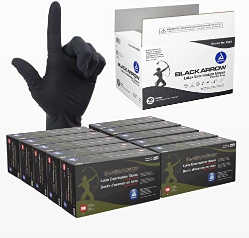 Dynarex Black Arrow Disposable Latex Exam Gloves, Powder-Free, for Healthcare, Law Enforcement, Tattoo, Salon or Spa, Black (1000, Large) Dynarex