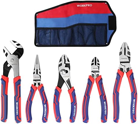 WORKPRO Pliers Set, Premium Cr-V Construction, Includes 6 Inch Slip Joint Pliers, 6 Inch Long Nose, 6 Inch Diagonal Cutting, 8 Inch Groove Joint, 7 Inch Linesman and Storage Pouch, for Basic Repair Workpro