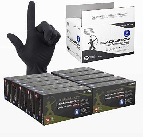 Dynarex Black Arrow Disposable Latex Exam Gloves, Powder-Free, For Healthcare, Law Enforcement, Tattoo, Salon or Spa, Black (1000, Medium) Dynarex