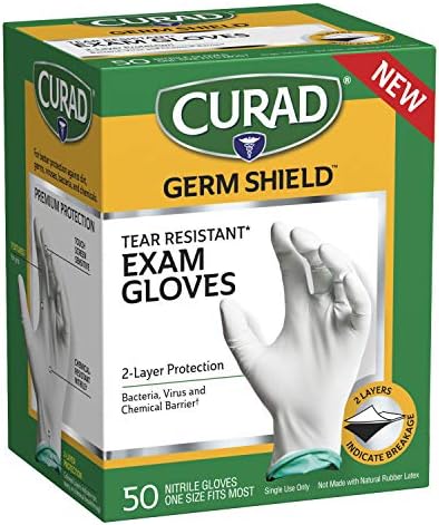 Medline CURAD Shield Nitrile Exam Gloves, Disposable Gloves are Tear Resistant, One Size Fits Most (50 Count), Can be used as medical gloves, cleaning gloves, or for home improvement tasks Medline