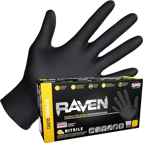 Raven Powder Free Nitrile Disposable Gloves | 7 Mil - Sm | Latex Free, Chemical + Puncture Resistant, Textured Grip, Single Use | for Automotive, Industrial, Janitorial, MRO, Food Service | 66516 Sas