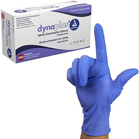 Dynarex DynaPlus Disposable Nitrile Exam Gloves, Powder-Free, Latex-Free, Strength + Value, Used by Professionals, Blue, Medium, 1 Box of 200 Dynarex