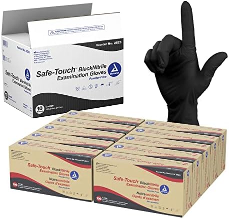 Dynarx Safe-Touch Black Disposable Nitrile Exam Gloves, Powder-Free, Used in Healthcare & Professional Settings, Large, 1 Case, 10 Boxes of 100 Dynarex