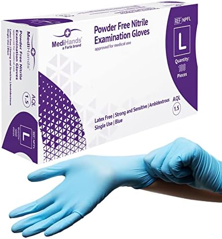 MediHands Nitrile Blue Disposable Gloves, 3.5 to 4 mil Thick, Powder Free, Latex & Protein Free, Medical, Food, Multi Use (1 Count (Pack of 100), Large) Farla Medical