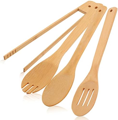 [4PCS] Wooden Bamboo Cooking Utensils : Salad Tongs, Wood Spoons, Slotted Spoon, Bamboo Forks, 11.8inch Long Handle Salad Serving Utensils is Perfect Choice for Daily Cooking and Gifts.USOONESP USOONESP