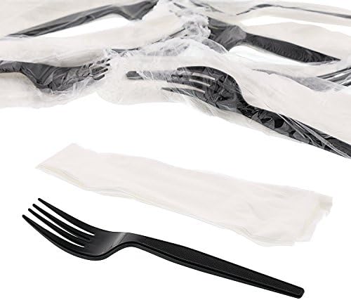 AmerCareRoyal 2-in-1 Disposable Silverware Medium Heavy Weight Plastic Utensil Set with Fork and 13x17 inch Napkin - Individually Wrapped Cutlery Meal Kit, Black, Case of 1000 AmerCare