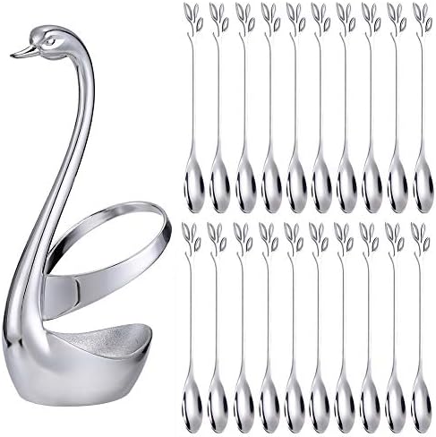 AnSaw Black Small Coffee Spoon Holder Set,Swan Base With 20 Pcs Demitasse Espresso Spoons Set,4.7" Mini Leaf Dessert Spoon,Stainless Steel Tea Spoons AnSaw