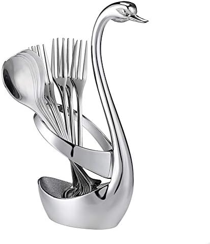 AnSaw Swan Base Holder Set with 20 Pcs Mini 4.7" Black Leaf Teaspoons & Dessert Forks - Ideal for Appetizers,Salads,Cakes,Charcuterie Board,Fruits & Cocktails - Perfect Tea & Espresso Companion AnSaw