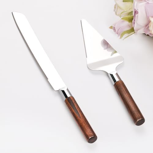 Cake Cutting Set for Wedding, Wood Cake Knife and Server Set, Vintage 2-Piece Pie Cake Cutter, Silver Pizza Dessert Utensils Bridal Anniversary Birthday Quinceañera Gift (Black) TUKDAK