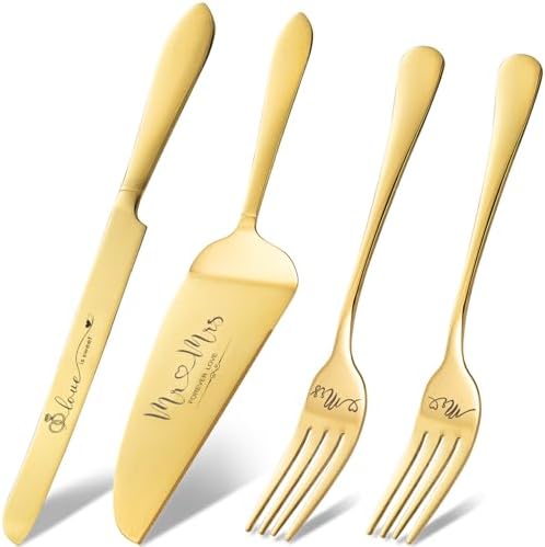 Gold Cake Cutting Set for Wedding, Wedding Cake Knife and Server Set, Cake Cutter and Pie Server Set of 4 for Mr and Mrs Wedding Gifts (Gold) VARLKA