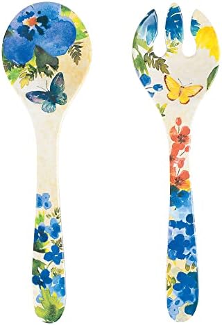 UPware 2-Piece 13 Inch Melamine Salad Server Serving Utensil Set Includes Salad Spoon and Salad Fork (Butterfly Floral) Up