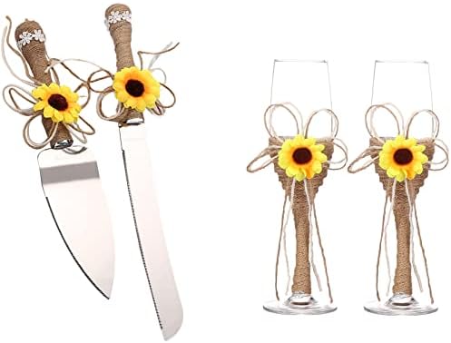 TANG SONG Cake Knife and Server with Champagne Glasses Sets Resin Plastic Handle with with Sunflower Burlap Lace Design Tang Song