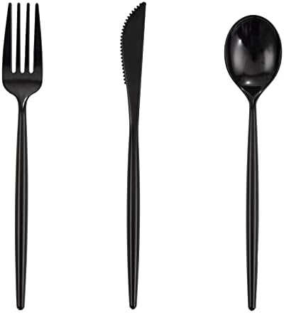 Supernal 180pcs Black Plastic Silverware Plastic Silverware Heavy Duty Black Party Plastic Cutlery Black Plastic Forks Include 60 Forks,60 Knvies,60 Spoons Supernal