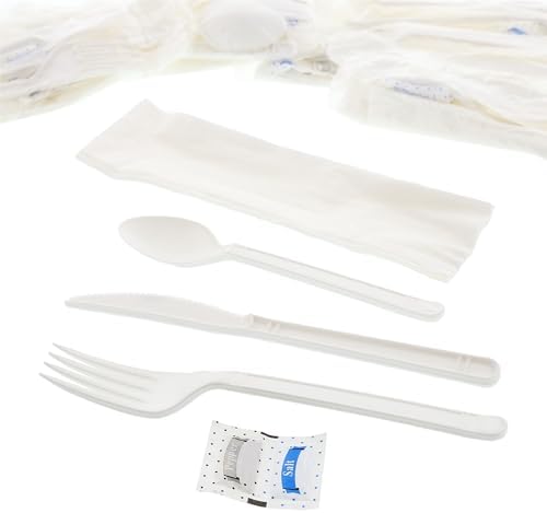 AmerCareRoyal 6-in-1 Disposable Silverware Heavy Weight Plastic Utensil Set with Teaspoon, Fork, Knife, Salt & Pepper Packets, 13x17 Napkin - Individually Wrapped Cutlery Meal Kit, White, Case of 250 AmerCare