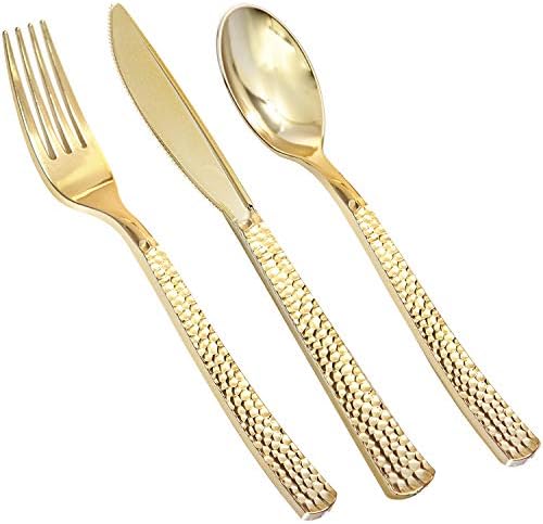 Supernal 360pcs Gold Plastic Silverware, Gold Silverware Disposable, Gold Plastic Cutlery, 120 Gold Plastic Forks, 120 Gold Plastic Spoons, 120 Gold Plastic Knives for Birthday, Party, Wedding Supernal