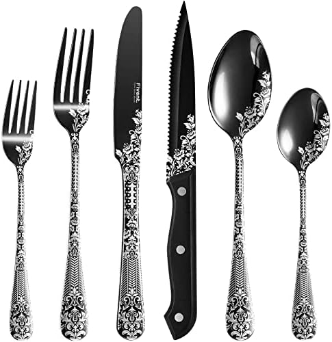 24-Piece Black Butterfly Silverware Set, Service for 4, Stainless Steel Flatware Set with Steak Knives, Mirror Polished Cutlery Set, Hand Wash Recommended… Fivent