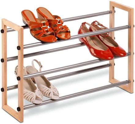 Honey Can Do Expandable Shoe Rack, Stackable Shoe Rack for Closet, Small Shoe Rack Organizer for Entryway, Adjustable Shoe Rack for Garage, Shoe Rack for Front Door, Metal Shoe Rac 3-Tier Wood & Metal Honey-Can-Do