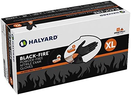 HALYARD Black-FIRE Nitrile Exam Gloves w/Quick Check, Breach Detection, Powder-Free, 5.5 mil, 9.5", Black/Orange, X-Large, 44759 (Box of 140) Halyard