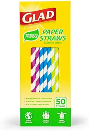 Glad Eco-Friendly Paper Straws | 50 Ct Paper Straws with Stripes | Biodegradable Paper Straws for Everyday Use| Paper Disposable Straws, Colorful Striped Design Glad