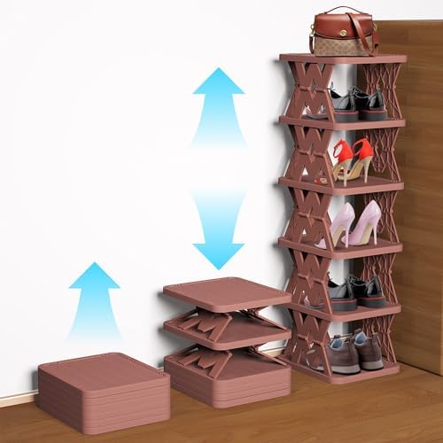 Shoe Rack, 6 Tier Shoe Shelf Fake Wood Pattern, Narrow Small Shoe Storage Space Saving, Shoe Organizer for Closet, Front Door Entrance, Entryway, Bedroom, Brown PHUNIGEEFT