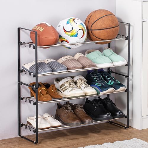 L&H UNICO Adjustable 4 Tier Metal Shoe Rack, Small, Steel, Holds up to 12 to 16 Pairs, Expandable, Stackable, Black L&H UNICO