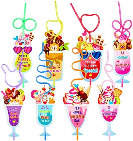 32 Pack Valentine’s Day Cards for Kids,Funny Gift Cards with Loops Reusable Drinking Straws for Boys Girls Classroom Exchange Valentines Party Favors and Party Prizes Qpout