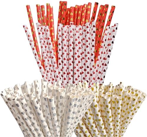 200Pcs Valentine's Day Paper Straws Foil Red Silver Gold Heart Straws Disposable Drinking Straws Wedding Birthday Party Valentines Party Decorative Straws Supplies, 4 Styles EVECILOO