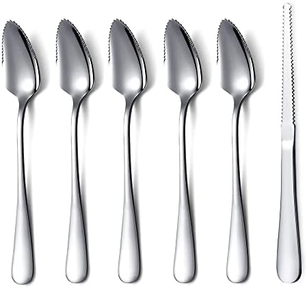 Grapefruit Spoons 6 Pieces Set, 5 Stainless Steel Grapefruit Spoon and 1 Grapefruit Knife with Titanium Plating, Grapefruit Utensil Set, Silver Kitchen Tool for Kiwi, Dessert, Apple, Citrus (sliver) Yingruier