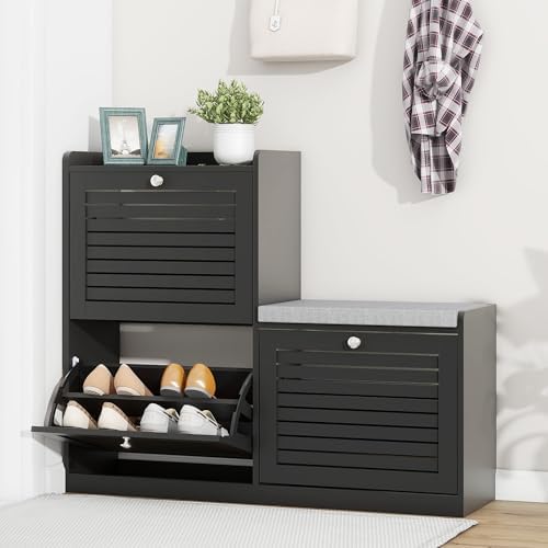 Shoe Storage Cabinet with Bench & 3 Flip Drawers, Shoe Bench with Cushion for Entryway, Narrow Slim Hidden Shoe Organizer Cabinet, Freestanding Shoe Rack for Entryway, Mudroom, Hallway (Black) WARMHONIU