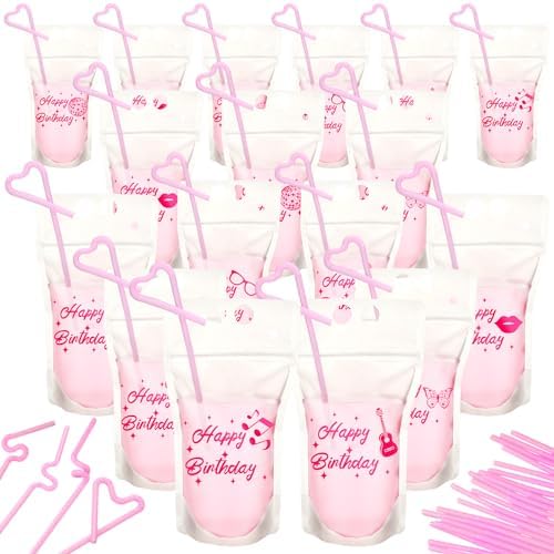 Sunnychicc 24 Pcs Birthday Music Drink Pouches with Straws Birthday Party Drink Pouches Reusable Drink Pouches Pink Party Drink Pouches for Music Birthday Supplies Summer Party Sunnychicc