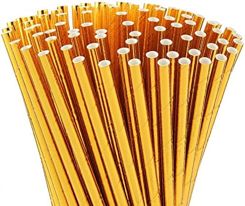 ALINK Gold Foil Paper Straws, Biodegradable Disposable Drinking Straws for Birthday, Wedding, Bridal/Baby Shower, Christmas Decorations and Party Supplies, Pack of 100 Alink