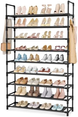 9 Tiers Tall Shoe Rack 45 Pairs Large Capacity Shoe Organizer Metal Shoe Storage Shelf with Two Hooks Space Saving Wide Shoe Rack for Closet, Entryway, Easy to Assemble Black WEXCISE