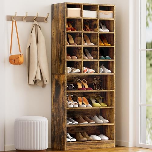 Shoe Storage Cabinet, Top with 15 Cubbies, Shoe Closet Organizer for Entryway, 9-Tier Tall Modern Vertical Shoe Rack, Sturdy Wooden Shoe Shelf for Closet, Bedroom, Brown Gujiam