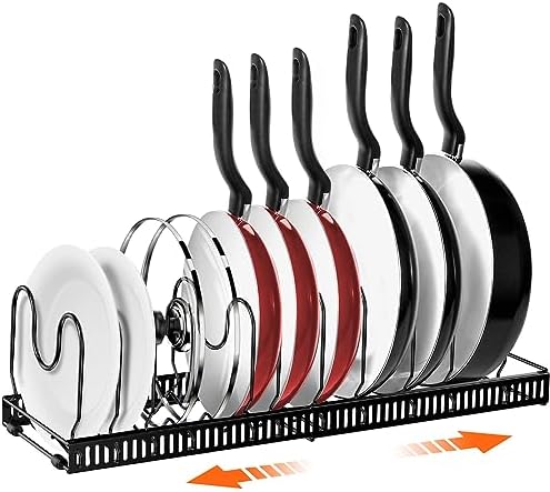 AHNR Expandable Pot and Pan Organizers Rack, 10+ Pans and Pots Lid Organizer Rack Holder, Kitchen Cabinet Pantry Bakeware Organizer Rack Holder with 10 Adjustable Compartments (Black) AHNR