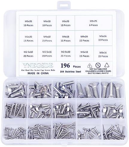 Metric Bolt Assortment M2.5 M3 M4 M5 M6 M8 Flat Head Socket Cap Screws Countersunk Bolts, 304 Stainless Steel, Full Thread, Allen Socket Drive, 196Pcs YNEGSDE