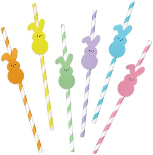 60Pcs Easter Paper Straws Cute Easter Bunny Drinking Straws Colorful Striped Disposable Straws for Holiday Birthday Party Supplies, 6 Designs JarThenaAMCS